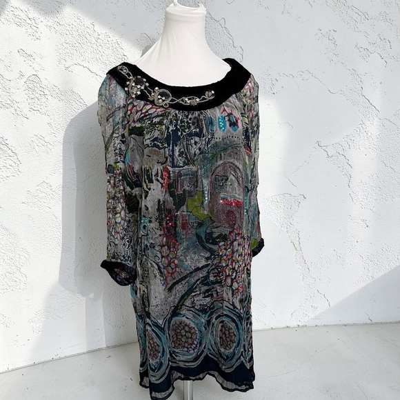 Dresses & Skirts - Boho Sheer Printed Tunic Dress • Embellished Neckline • Sequin Detail L